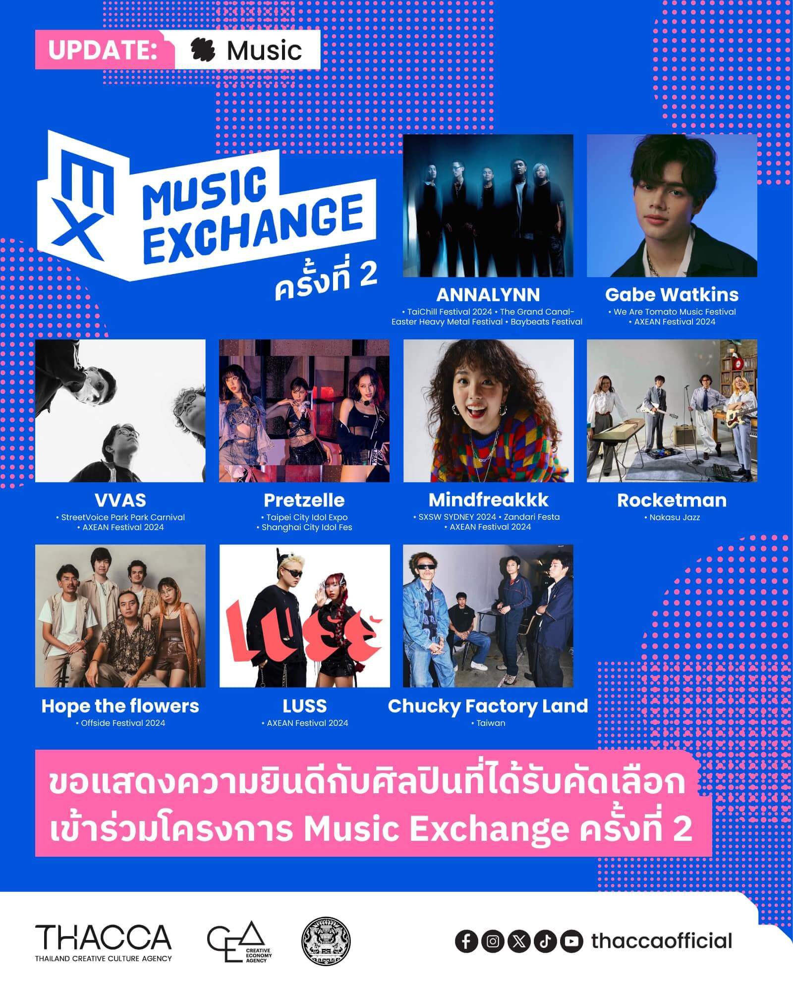 ขอแสดงความยินดีกับ 9 ศิลปินไทยที่ได้รับคัดเลือกเข้าร่วมโครงการ Music Exhange (ครั้งที่ 2) เพื่อรับทุนสนับสนุนในการร่วมงานเทศกาลดนตรีระดับนานาชาติ